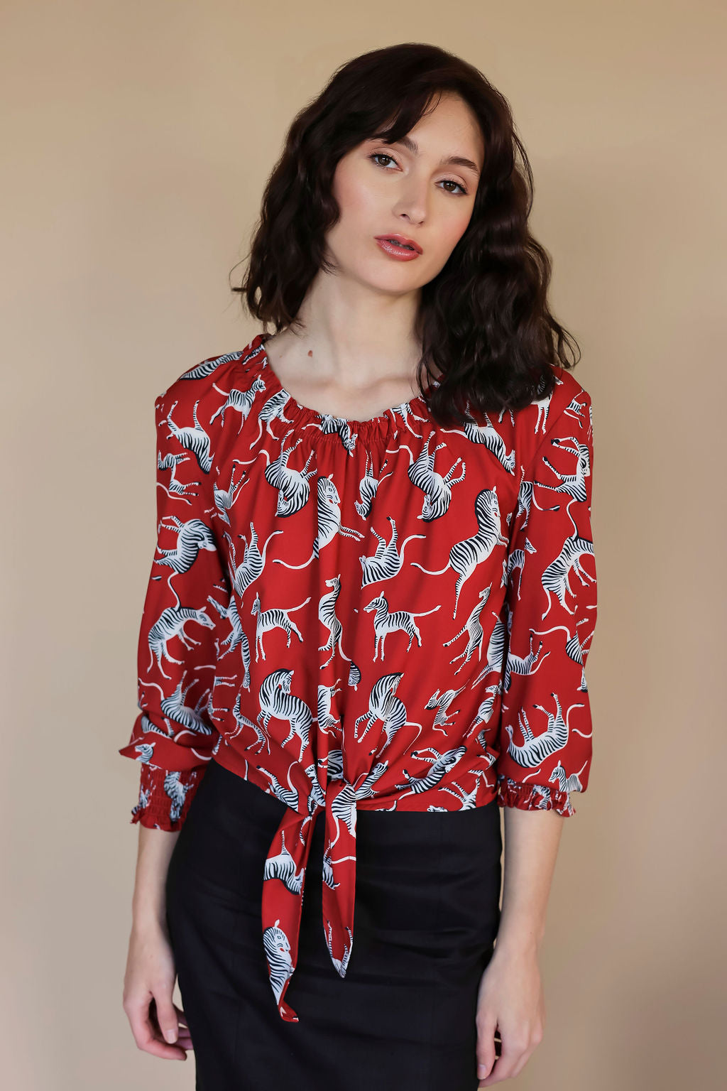 Zebra Long Sleeve Tie Blouse