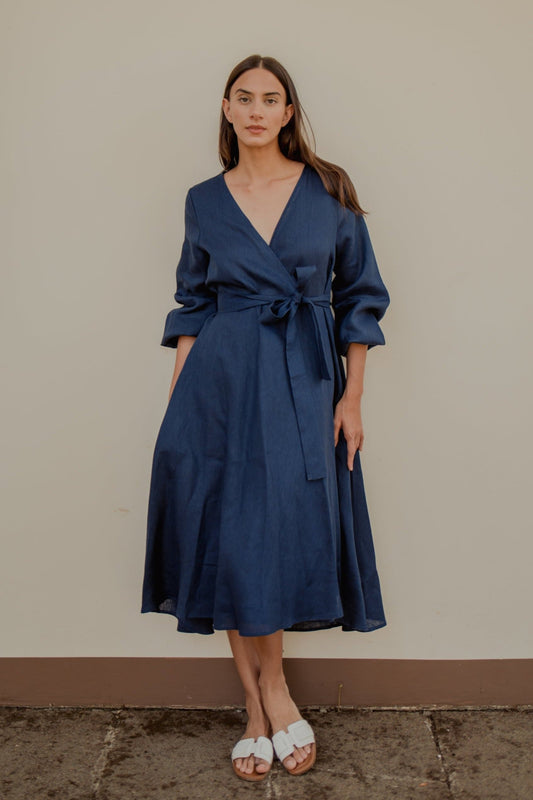 WRAP LINEN DRESS | BLUE