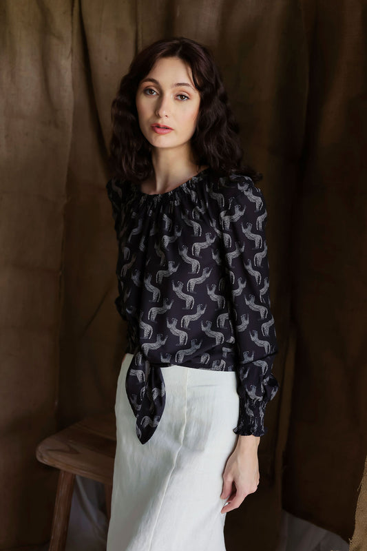 Jaguar Long Sleeve Tie Blouse