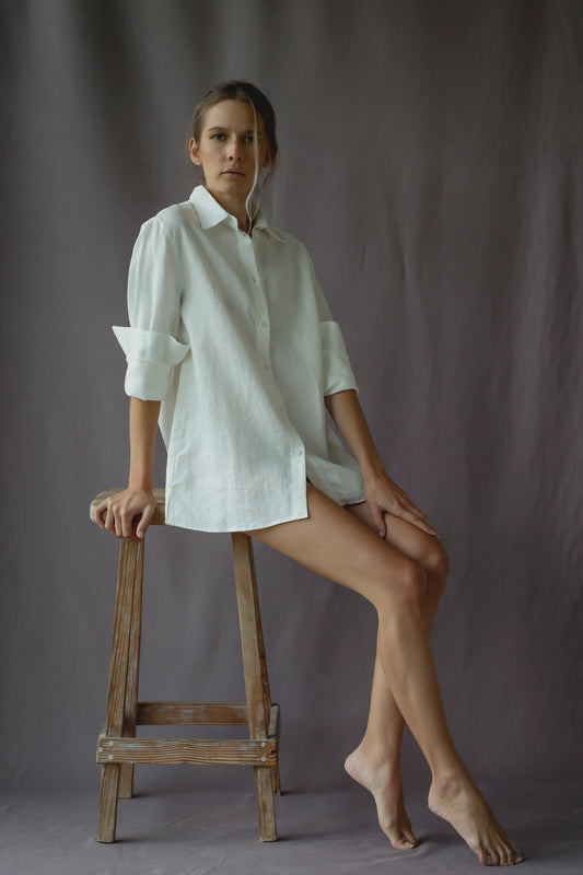 Linen Button Down Blouse Off White