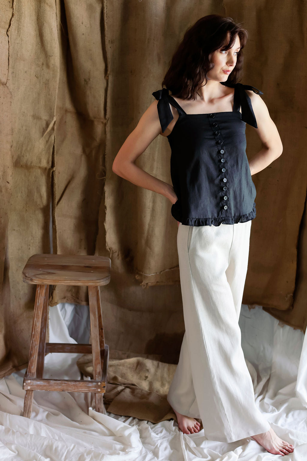 Tie Linen Blouse Black