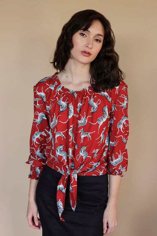 Zebra Long Sleeve Tie Blouse
